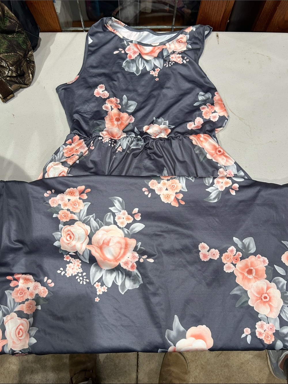 Floral High-Low Dress in Navy with Peach Bloom